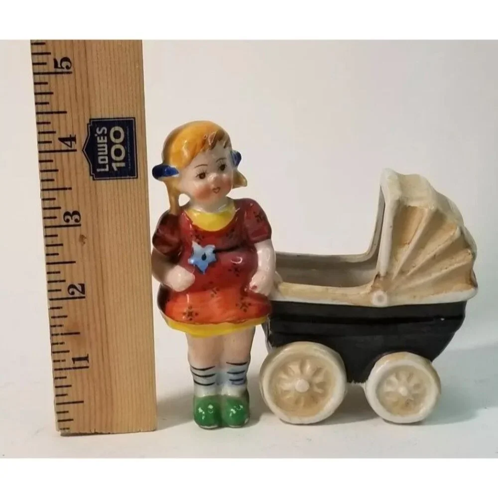 Vintage Ceramic Planter Hand Painted Girl With Pram Figurine Made In Japan Baby